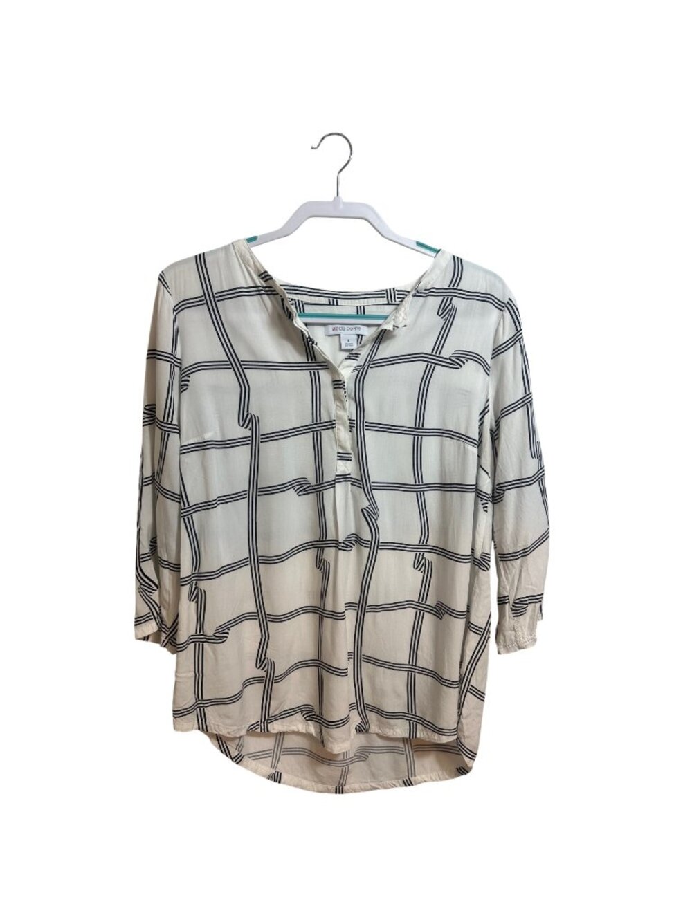 Liz Claiborne Windowpane Grid Blouse Large Black White 3/4 Sleeve Office